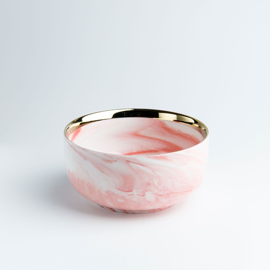 PIRING PINK MARBLE KERAMIK LIST EMAS ELEGAN/ PIRING KERAMIK PINK MOTIF MARMER LIST GOLD ELEGAN MEWAH-6 INCH NOODLE BOWL