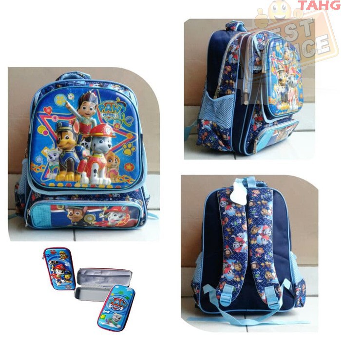 Tas Anak Ransel SD Paw Patrol 6D Timbul 3 Kantung Import+Kotak Pensil