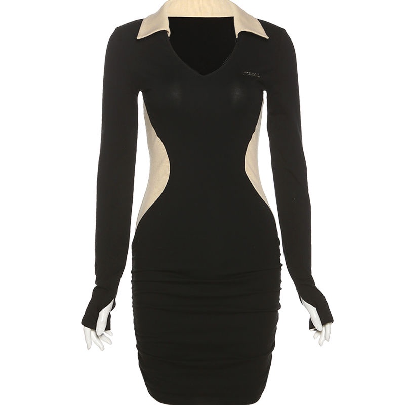 #Sisjuly# Dress Wanita Lengan Panjang Retro Wanita Kerah POLO Kontras Warna Yang Cocok Menerima Pake