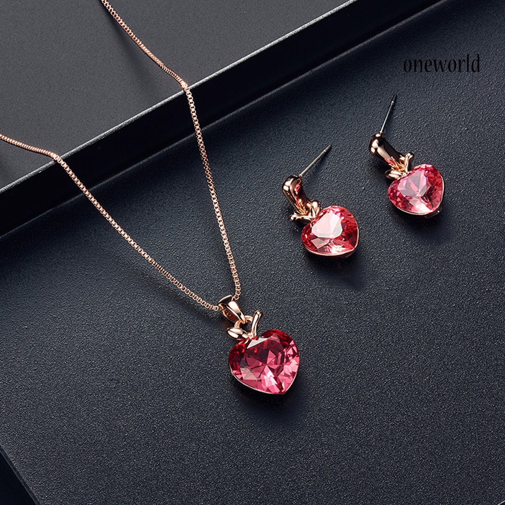 OW@ Heart Shape Rhinestone Pendant Necklace Ear Stud Earrings Women Jewelry Set