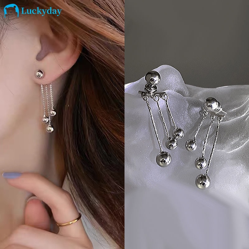 YEEZII Anting Stud Rumbai Manik-Manik Bola Warna Silver Gaya Elegan Untuk Wanita