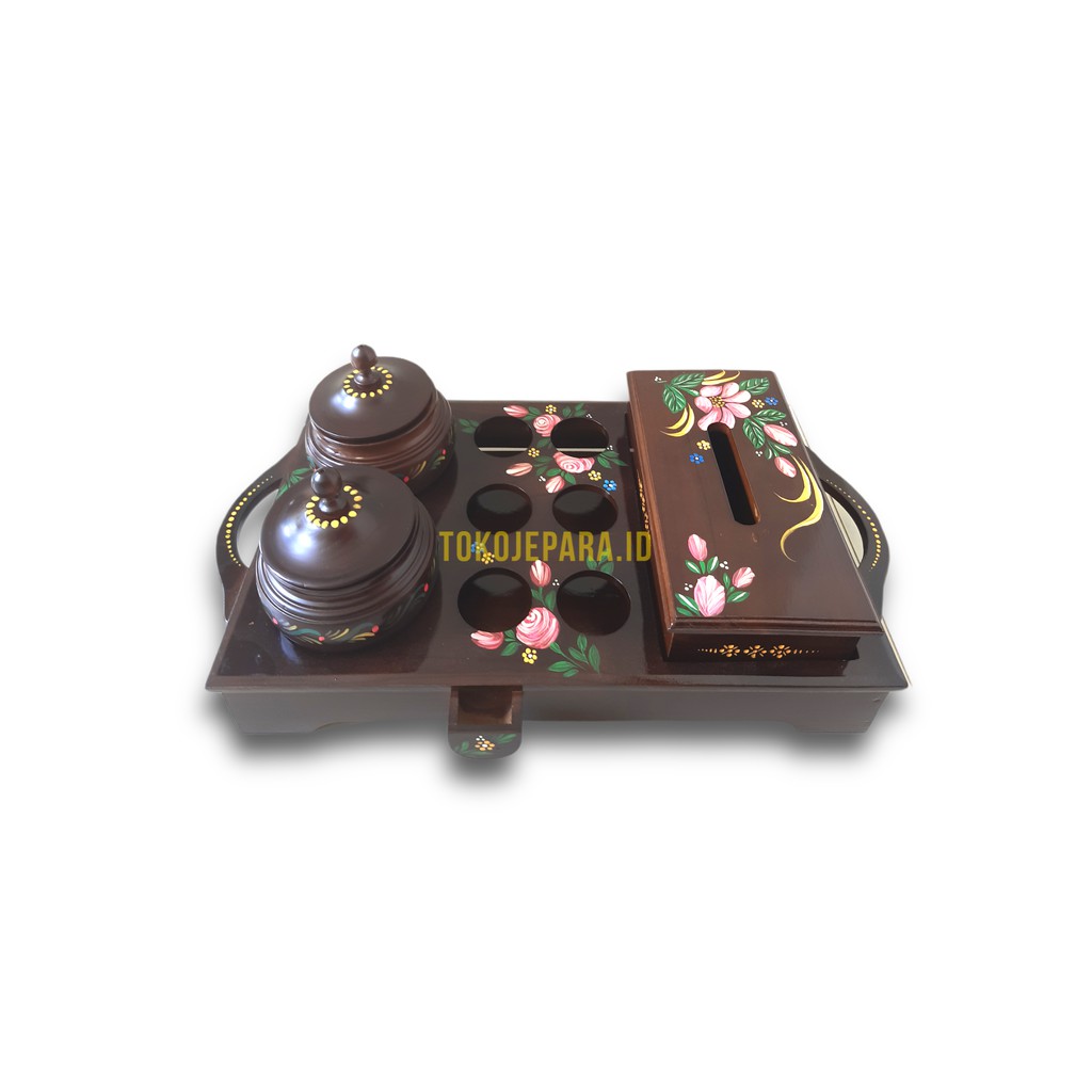 Tempat Aqua Gelas Toples Kotak Tisu Set Kayu Jati Lukis 3in1