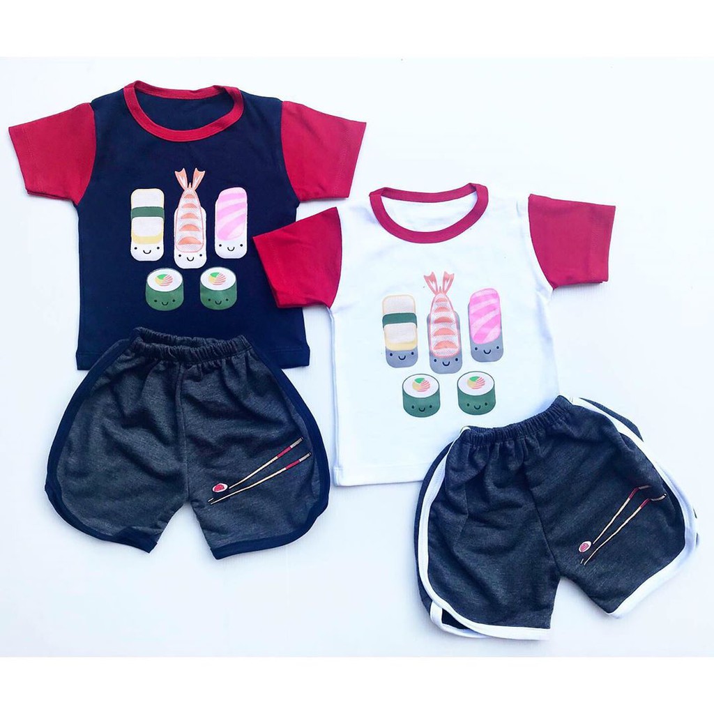 SUSHI LOVER Baju setelan kaos celana pergi jalan lucu fashion anak bayi cowok laki murah