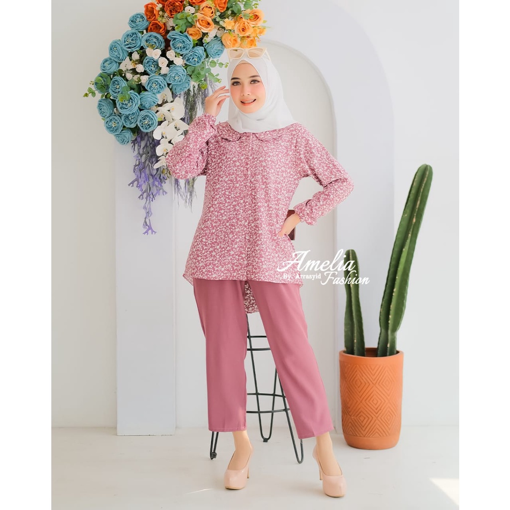 KEMEJA SET CELANA KERJA WANITA samira sakila arofa rania setelan one set tali pisah baju kerja wanita muslim muslimah ootd fashion hits modis motif bunga motif salur kotak kemeja blouse atasan