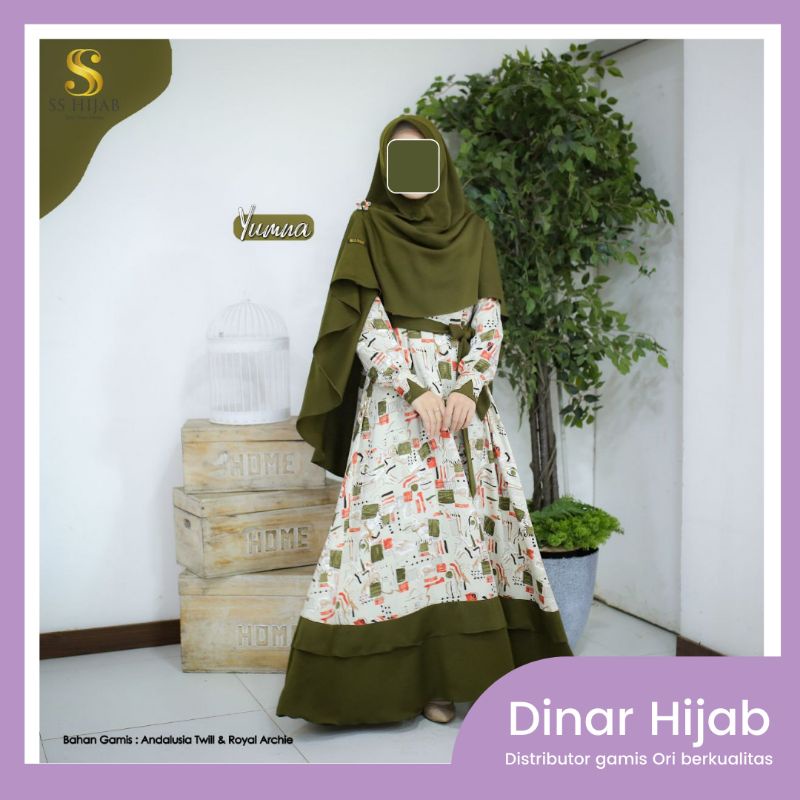 Yumna set Gamis Motif Signature SS Hijab Original