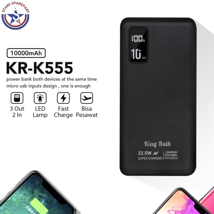 Power Bank 10000mAh 37Wh LED PD/QC 3.0 Fast Charge 22.5W KingRuth K555 - Hitam, K555