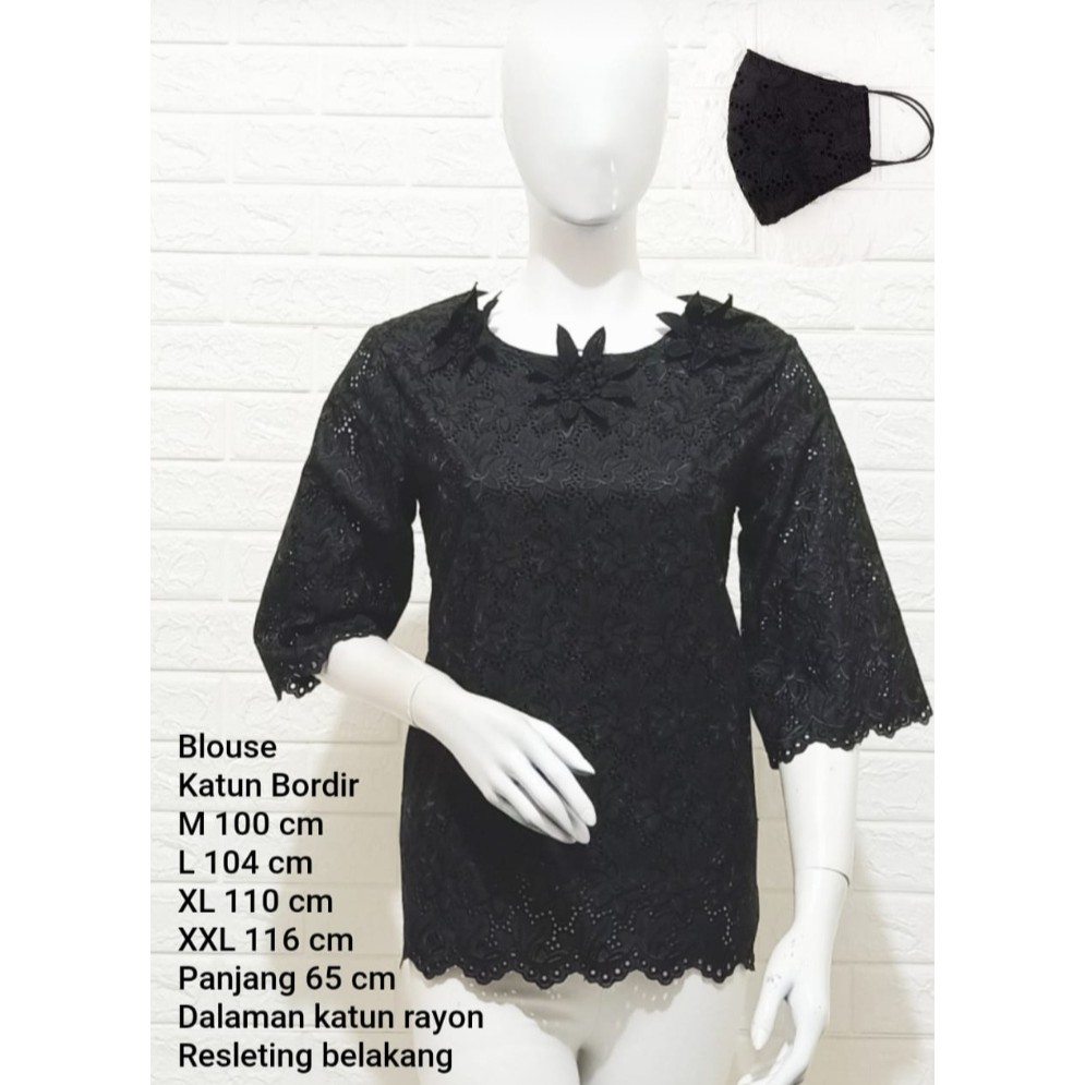 Blus katun bolong khusus hitam leher bunga