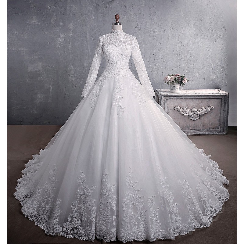 White Muslim Women High Collar Long Sleeve Lace Beaded Long Tail Wedding Gown Dress gaun pengantin putih lengan panjang wanita muslim