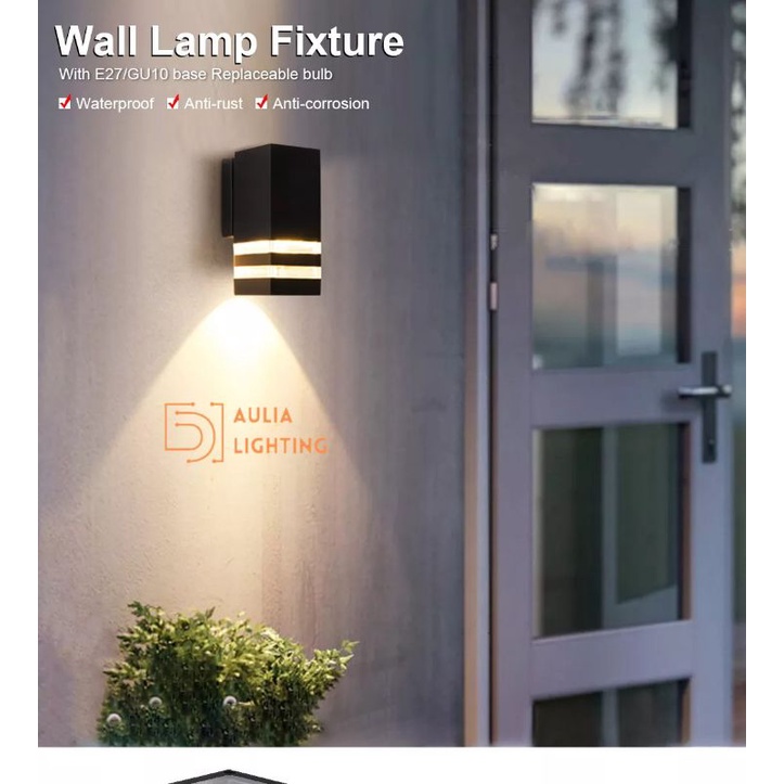 Lampu Pilar Dinding Kotak 1 Arah Tihang Minimalis Outdoor Waterproof Wall LED E27 Hitam Hias Taman Cor