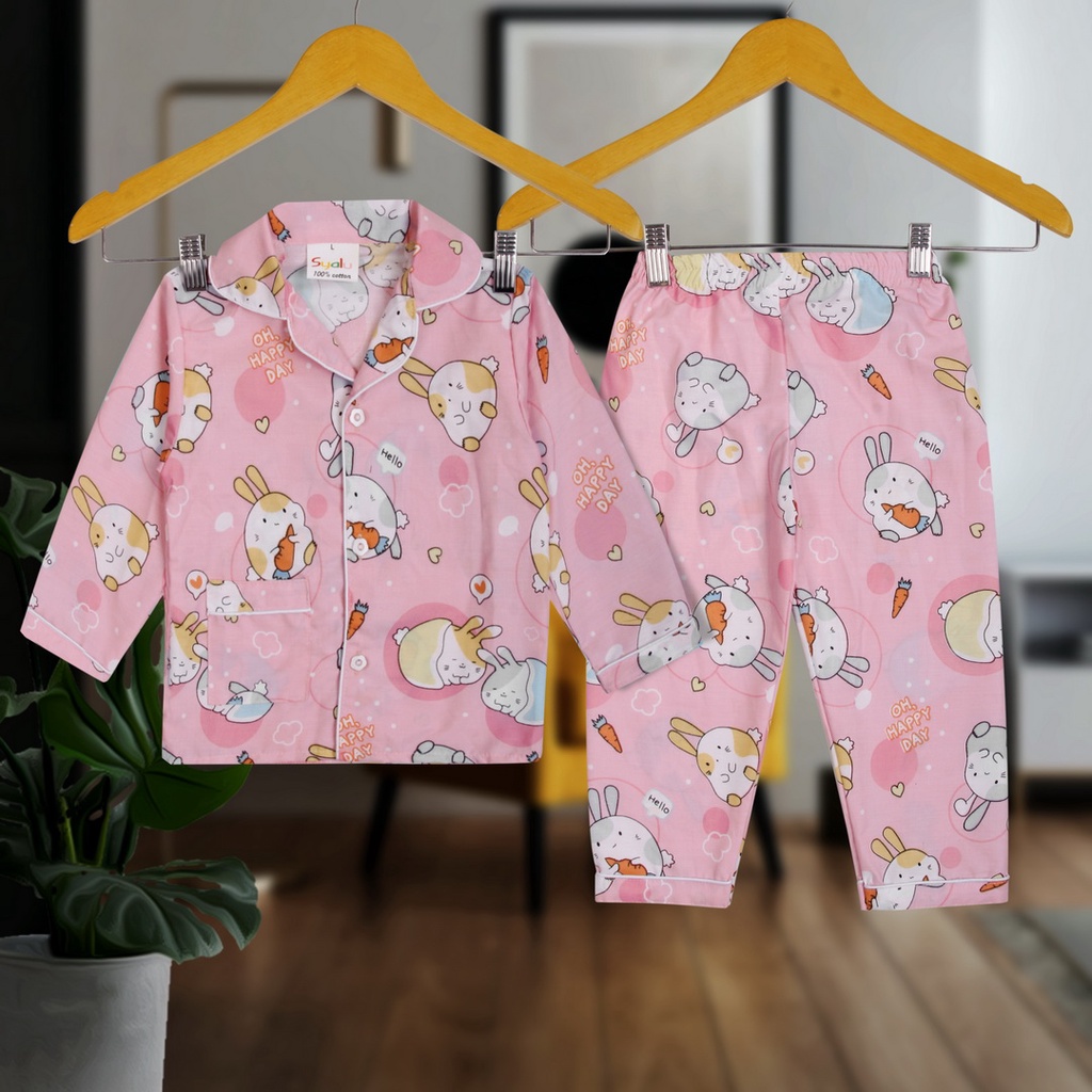 Setelan Piyama Anak Motif Kelinci Wortel Pink Panjang usia 1-3 Tahun