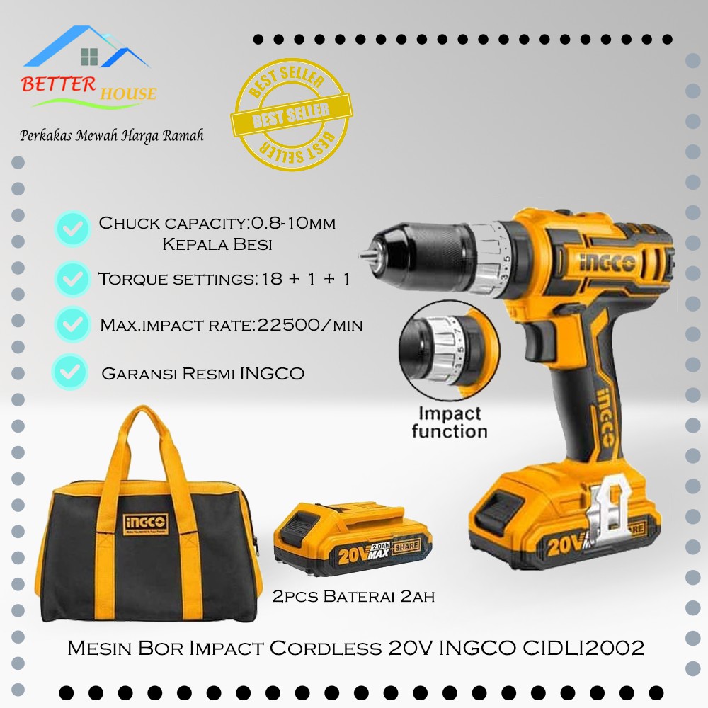 mesin bor impact baterai cordless 20v lithium  1b  ingco cidli2002