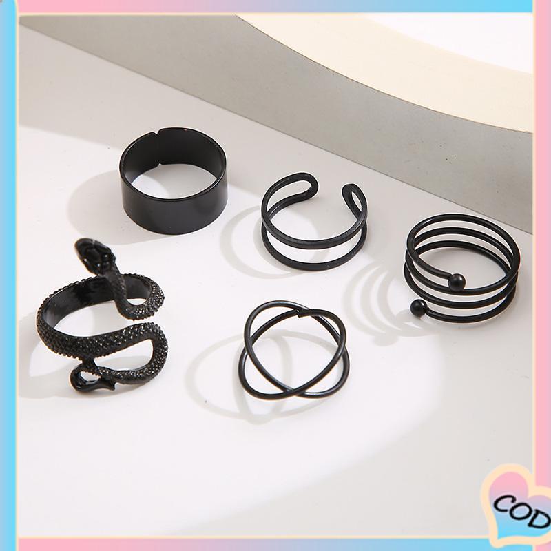 COD❤️ 5PCS kreatif ms. Jane cincin wanita menggabungkan cincin ular hitam geometri-A.one