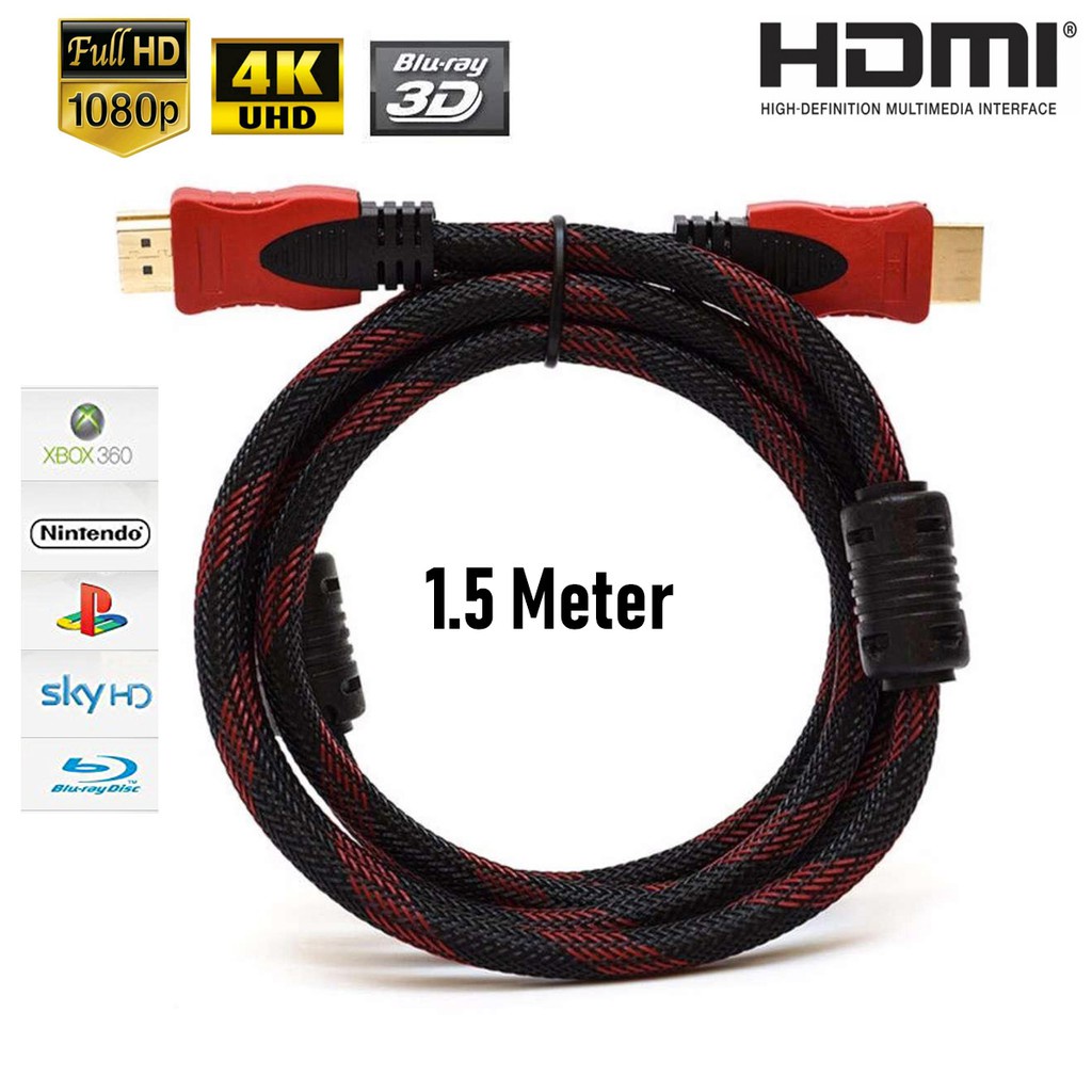Kabel HDMI To HDMI 1,5 m 1,5m 1.5 Meter Laptop Ke TV CCTV Nylon Serat Jaring PS 3 4 3D 1080P V1.4 Male Cowok