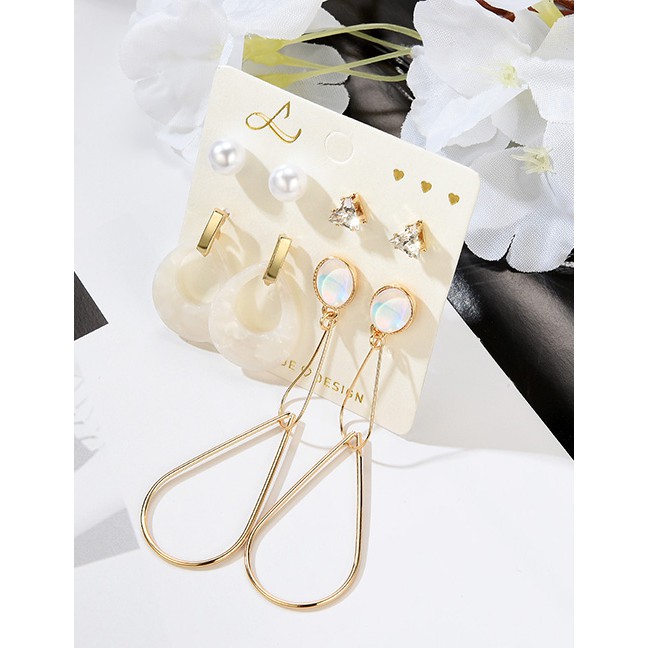 LRC Anting Set Fashion Gold Hollow Geometric Diamond Stud Earrings 4 Pairs F29792