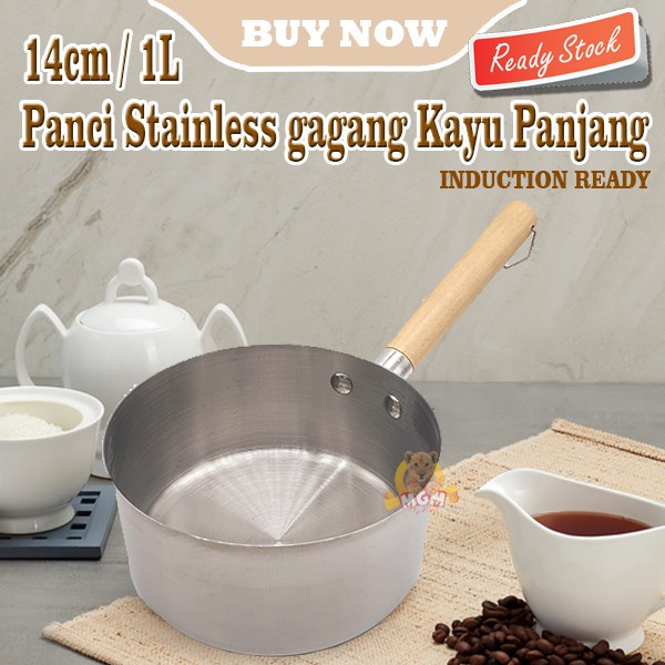 Panci stainless 14cm gagang KAYU panjang Induksi READY Gayung 1L