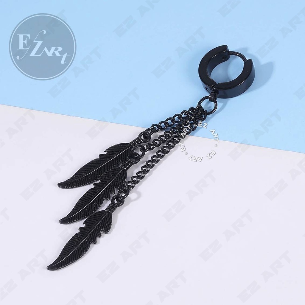 1Pc EZ-BT ANTING RUMBAI BULU RANTAI HITAM TRIPLE BLACK FEATHER JEPIT TUSUK PRIA WANITA KPOP BTS