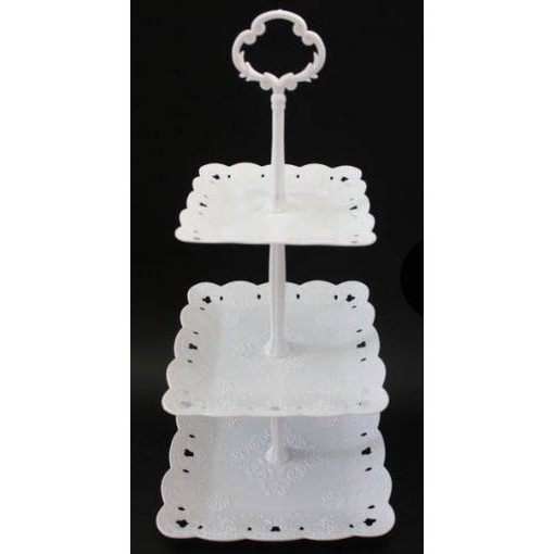 Rak Susun Plastik Persegi / kotak Kue 3 Tier Stand White Cup Cake Tray