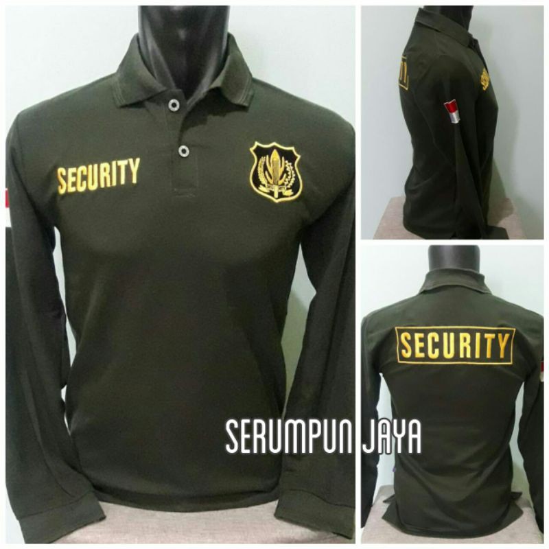 KAOS SECURITY - KAOS KERAH SECURITY HIJAU ARMY PANJANG - KAOS SECURITY LOGO KUNING FULL BORDIR