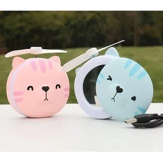 [COD] MIAO Kipas Angin Mini Portable 3in1 Cermin Rias Mini + Kipas + Lampu USB dengan Karakter Lucu l Biru &amp; Pink