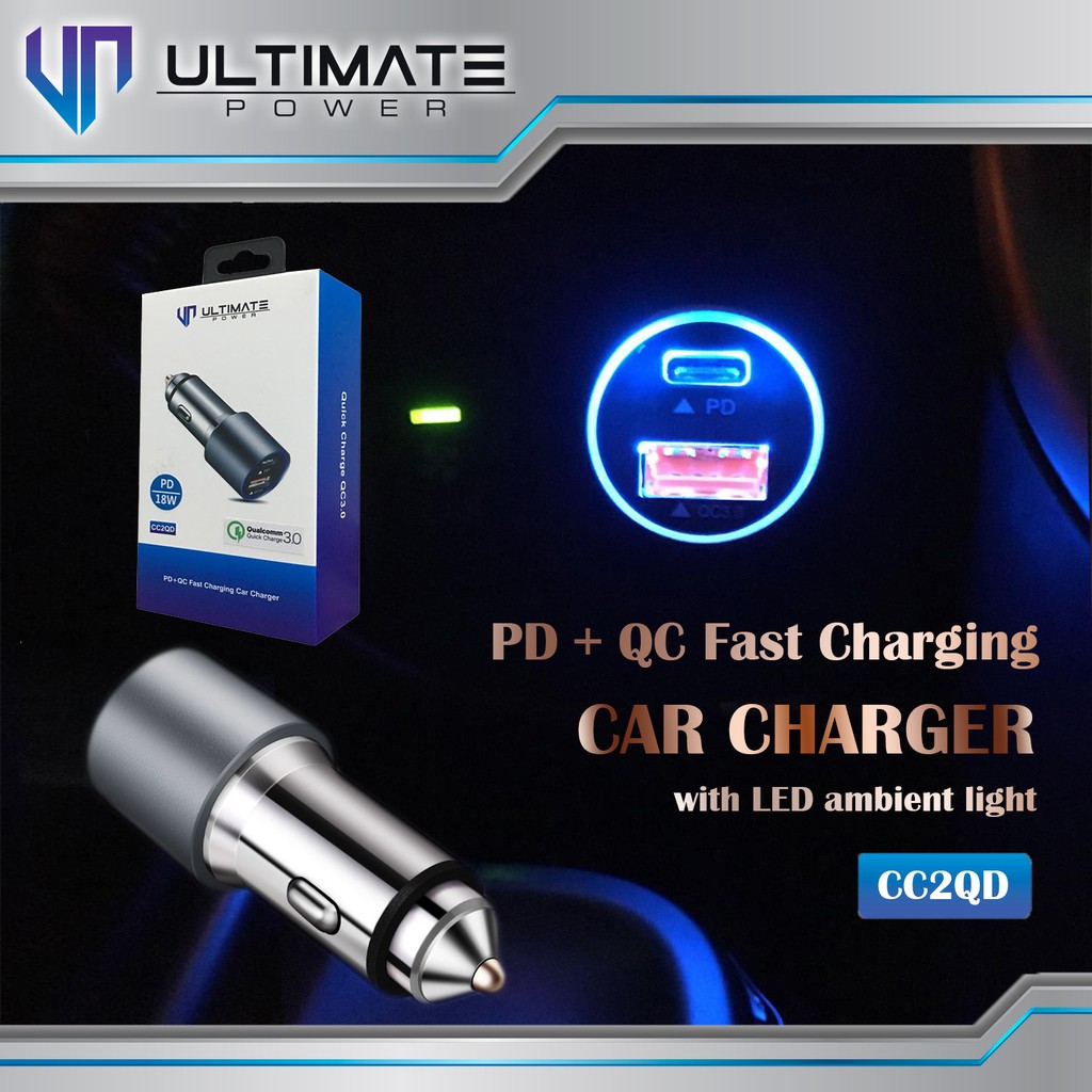 Ultimate Power 36W PD+QC Fast Charging Car Charger with LED Ambient Light original100%asli