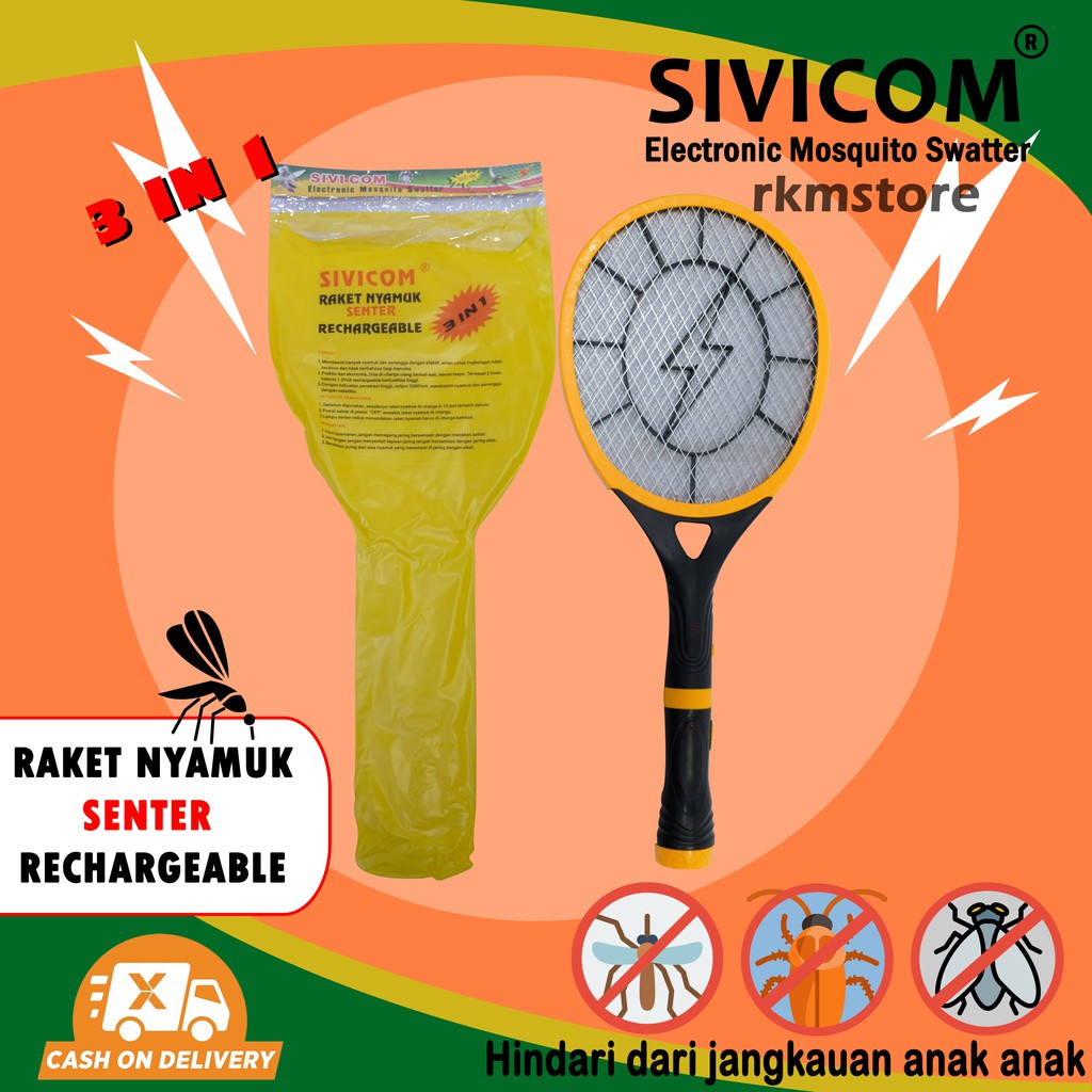 Raket Nyamuk + Senter LED Charge Super Aman Dari Setrum SIVICOM - Orange