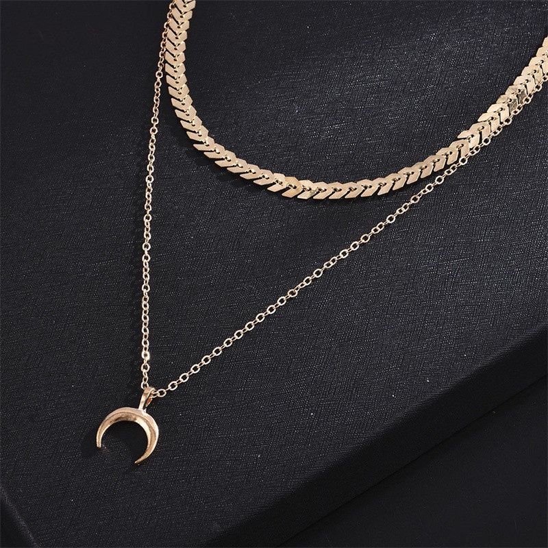 Set Kalung Rantai Klavikula Ganda Bentuk Tulang Ikan Bulan Untuk Wanita