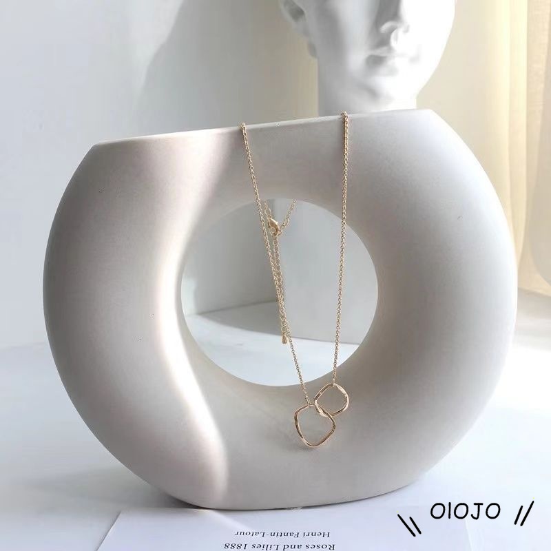 Kalung Choker Rantai Liontin Lingkaran Ganda Interlocking Gaya Korea Untuk Dekoratif - ol