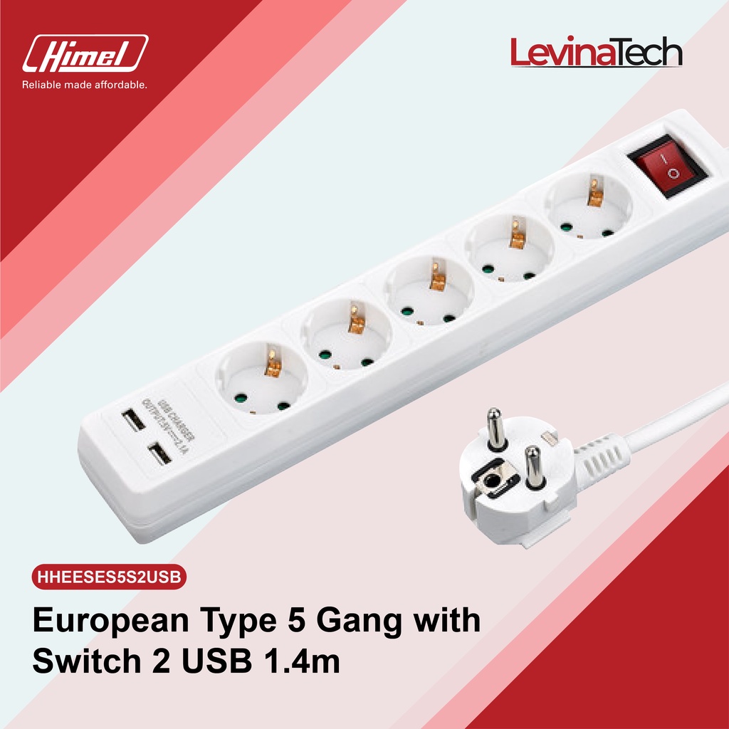 Himel Terminal listrik, colokan listrik 5 lubang + saklar 2 USB