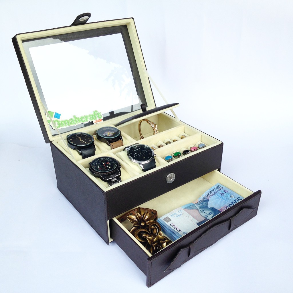 SIZE JUMBO - Box Jam Tangan isi 4 + Tempat Perhiasan dan Aksesoris / Jewelry Box COKELAT CREM