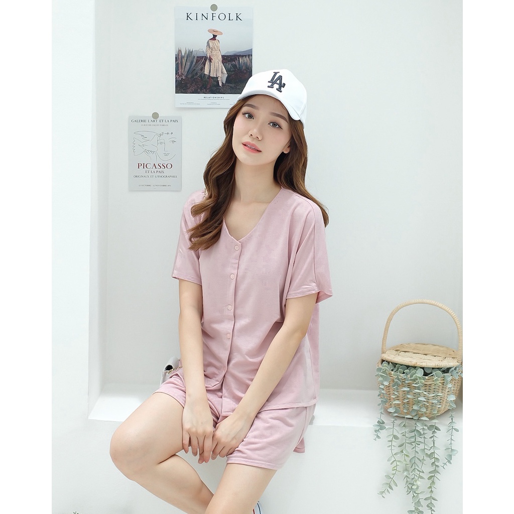 COTTONBELLS CASUAL JUMPSUIT WANITA ALYA BUTTON BABY TERRY PLAID SET PANTS (GT - JS 1786)*-1