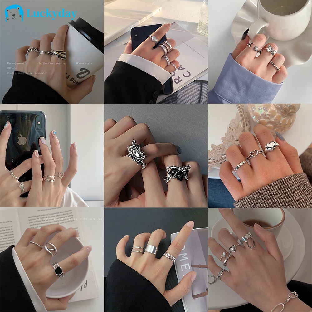 YEEZII Retro Heart Ring Set Simple Black Gem Checkerboard Butterfly Rings Silver Chain Ring for Women Accessories Jewelry