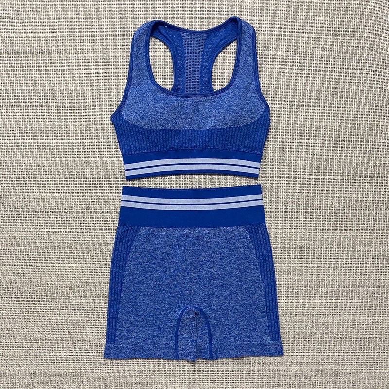 Atilla Set (Sport Bra + High Waist Shorts) Setelan Pakaian Olahraga Yoga Gym Fitness Wanita-Blue
