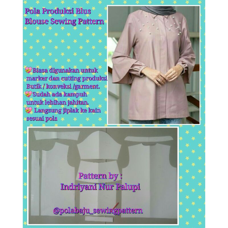 POLA PRODUKSI BLUS 014 | Blouse pattern | Pola baju | Sewing pattern