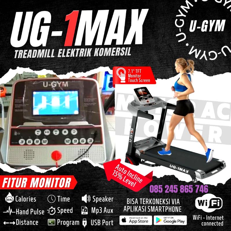 TREADMILL ELECTRIK COMERCIL U-GYM 1MAX speed POWER hp 3.5 AC AUTO INCLINE 0-15%