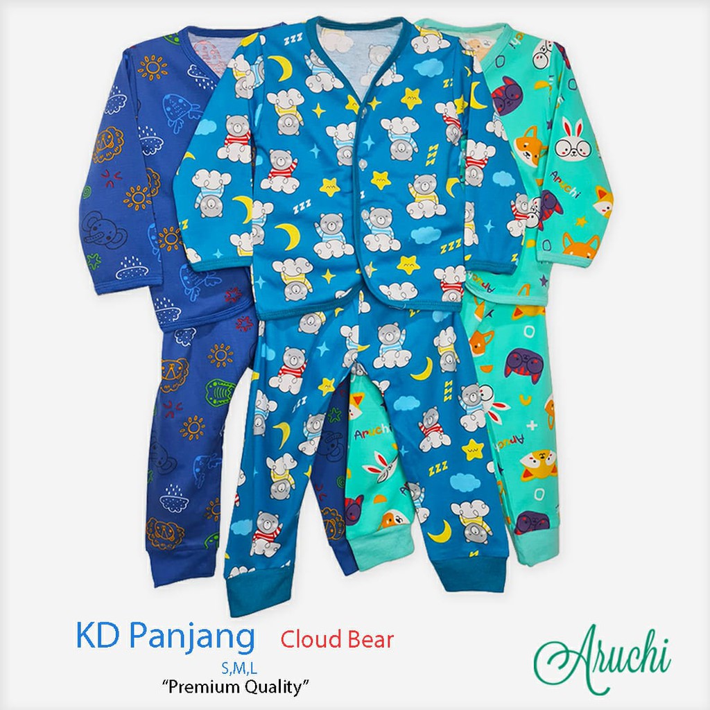 NEW !!! (3PCS) Aruchi Setelan Kancing Depan Panjang Celana Panjang Motif Unisex (Boy &amp; Girl) Uk. SML