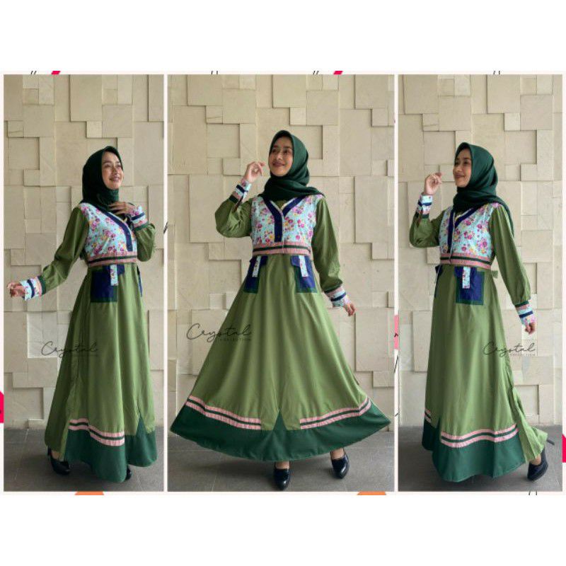 Gamis Crystal Tuneeca Rompi Rempel 2 Saku Motif Bunga