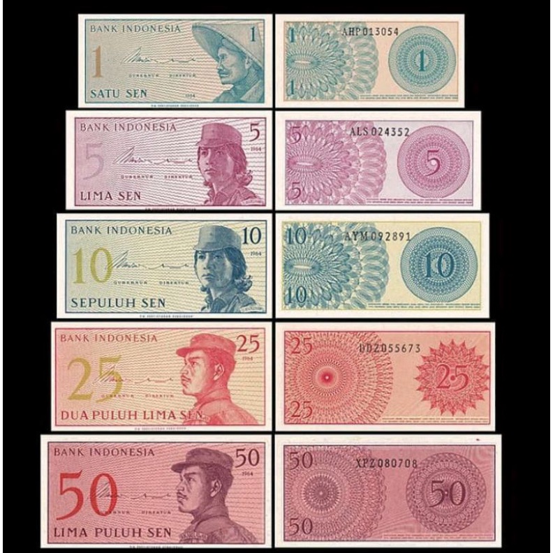 UANG KUNO INDONESIA SET SERI SUKARELAWAN/DWIKORA TAHUN 1964 1,5,10,25,50 SEN KONDISI MULUS&BEKAS