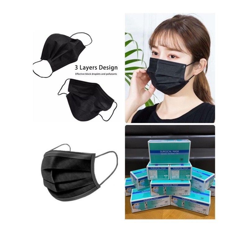 MASKER DISPOSABLE HITAM 3 LAYER 1BOX ISI 50PCS SEKALI PAKAI