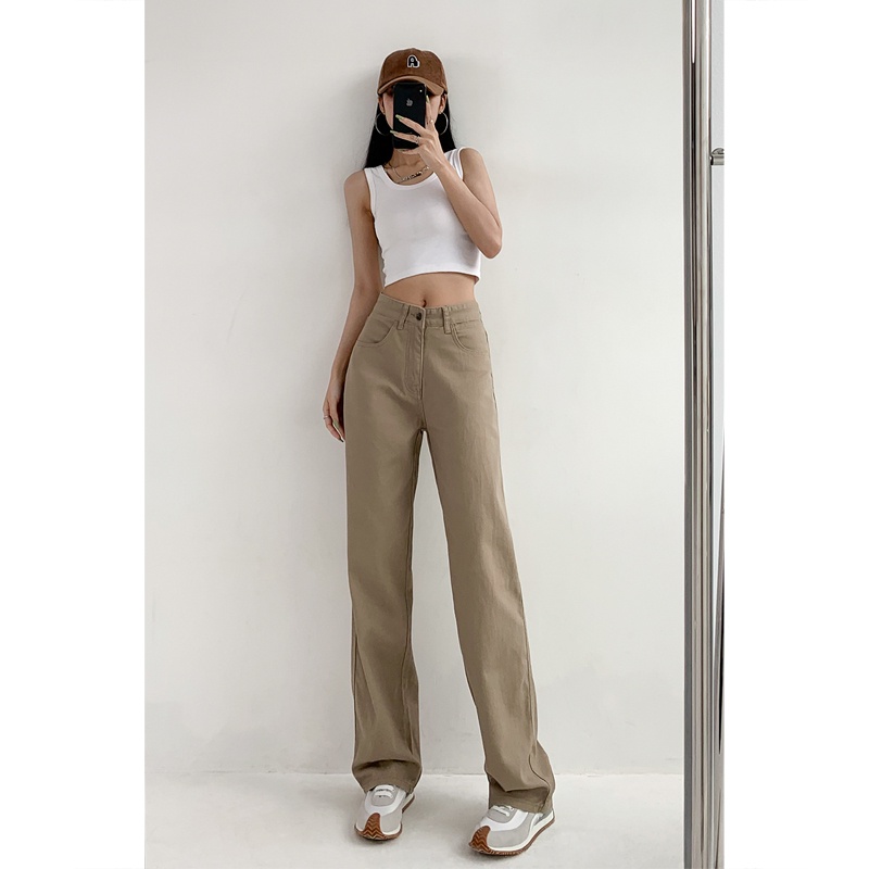 New khaki high waist celana jeans panjang wanita murah（realpict）