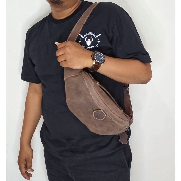 Tas waistbag pria kulit sapi asli crazy horse