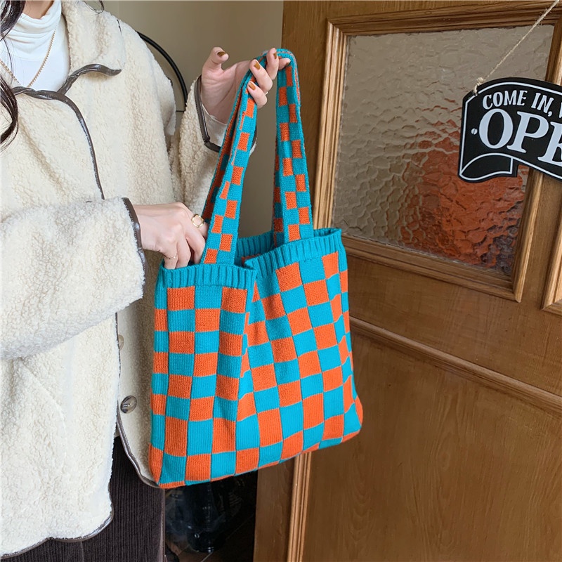 BEST-SELLER!! KOREAN KNITTED TOTEBAG CHECKERED BOARD