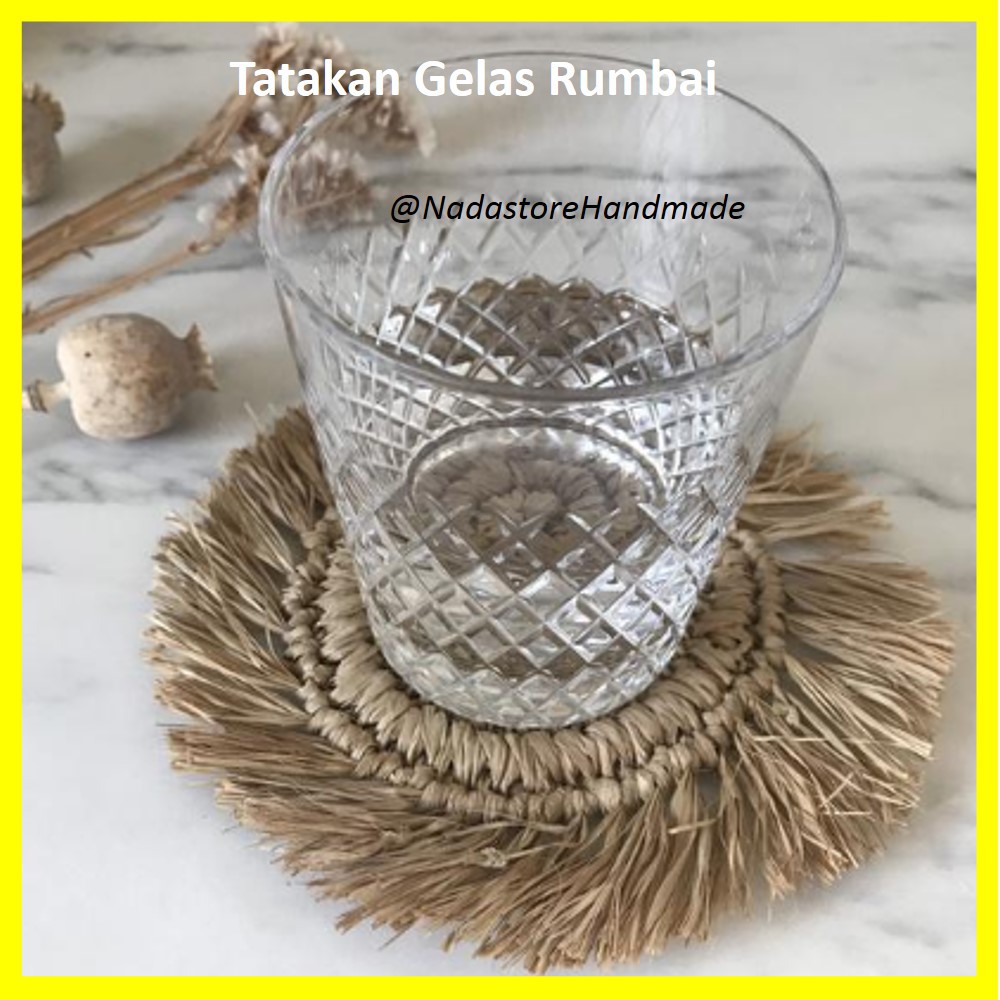 Tatakan Gelas / Alas Gelas / Glass math Anyaman Seagrass Rumbai Diameter 15 cm