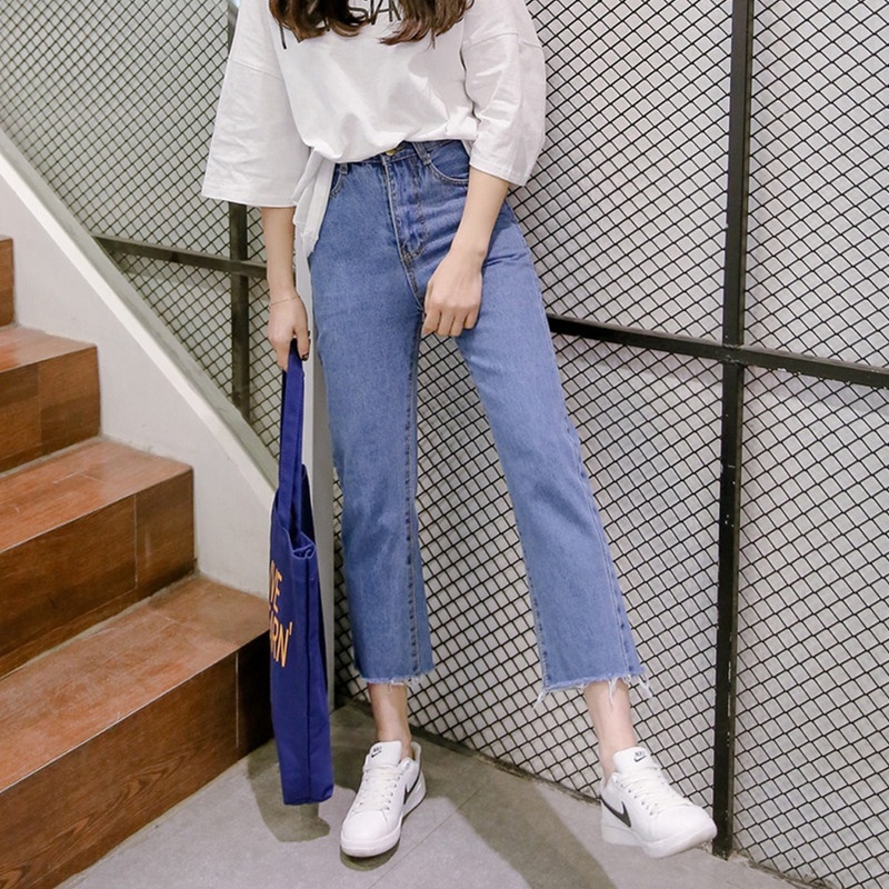 Celana Korea Style Celana Jeans Baru Pinggang Tinggi Celana Denim Longgar Celana Jeans  Wanita Celana Pelangsing Kaki Tampak Kurus