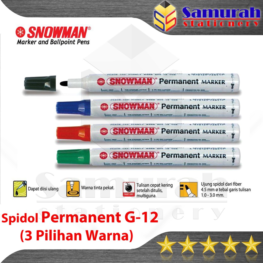 

Spidol Permanent Snowman Marker G-12 Pcs / G12 Permanen Besar G 12 Hitam Biru Merah Hijau