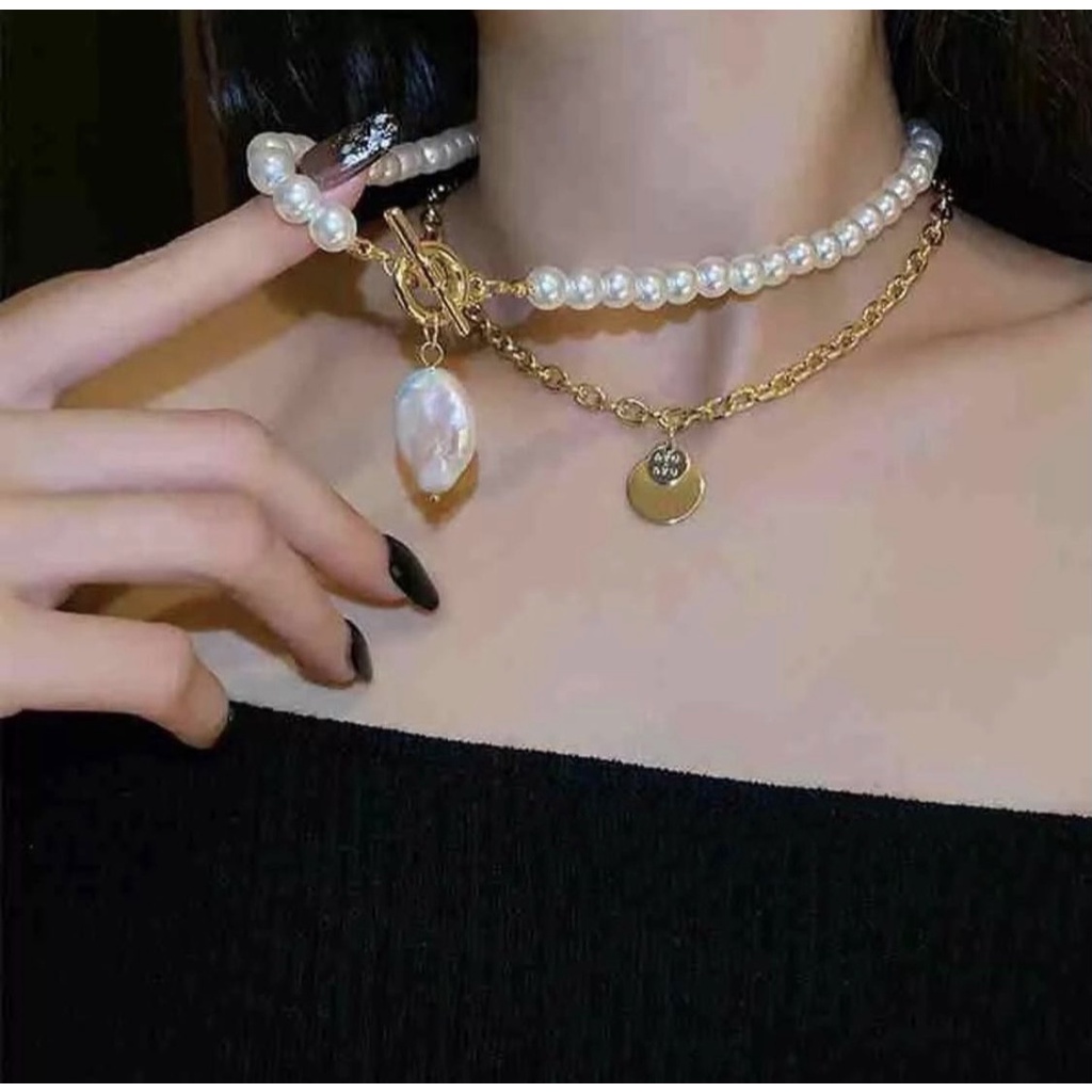 Kalung Mutiara Multilayer Double Layer Koin Dalika