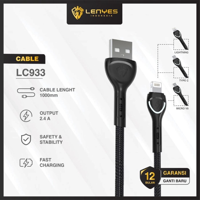 Kabel Data Lenyes Fast Charging Micro Usb Type Tipe C Quick Charge 2.4A Lamp Led Anti Putus Kabel Cas Universal