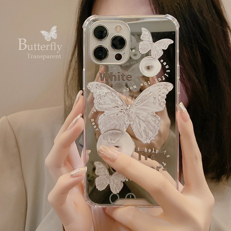 Soft Case Silikon Motif Kupu-Kupu Putih Dengan Cermin Makeup Untuk IPhone 7 8 Plus X XR XS Max 11 Pro Max 12 13 Pro Max SE 2020