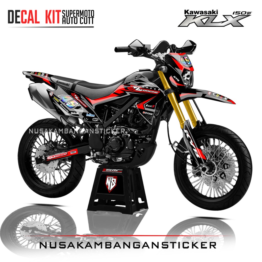 Decal Stiker Supermoto Motor Kawasaki KLX 150 BF Full Body Merah Hitam Corak Racing Team Sticker Kit