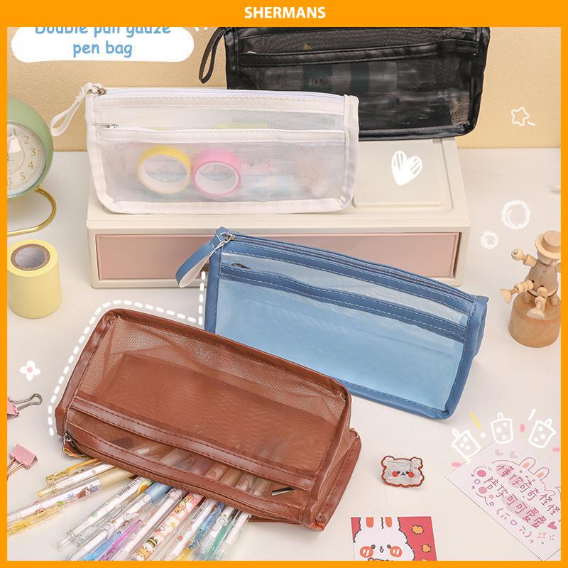 

[Ready Stock❤️]Sederhana dua ritsleting kotak pensil Mesh dua lapisan besar - kantong alat tulis besar sherman