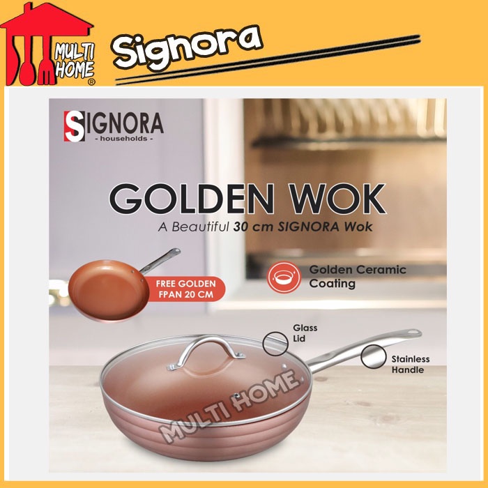 Panci Signora Golden Wok 30 cm  Panci Signora Dengan Tutup Kaca Diameter 30 cm